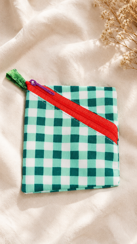 Handmade Diagonal Zip Pouch – Teal Gingham / Red Zipper / Purple Pull