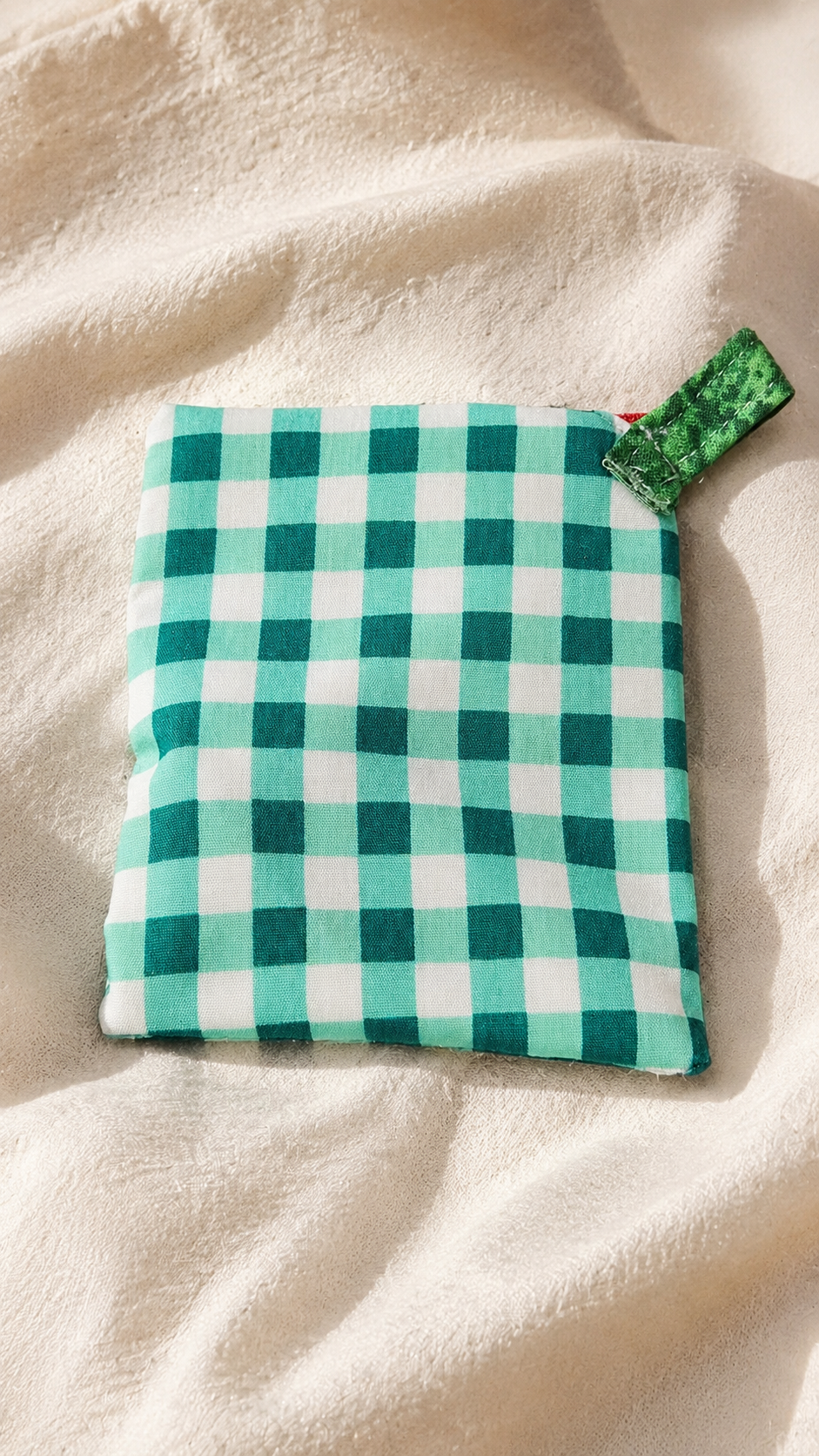 Handmade Diagonal Zip Pouch – Teal Gingham / Red Zipper / Purple Pull