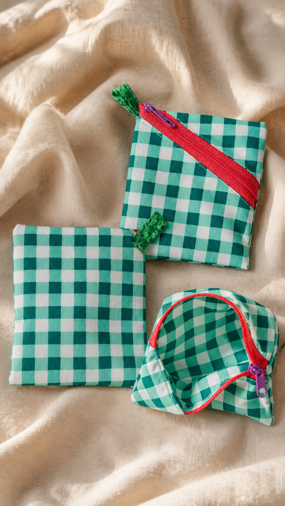 Handmade Diagonal Zip Pouch – Teal Gingham / Red Zipper / Purple Pull