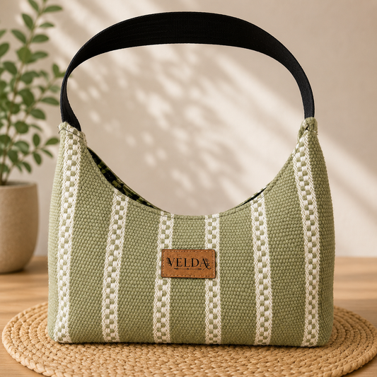 Sage Green Minimal Boho Bag – Upcycled Towel Purse | Neutral Everyday Shoulder Bag
