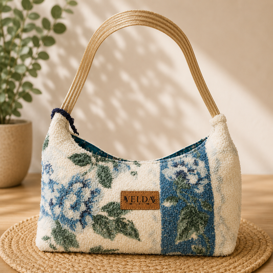 Velda Vintage Hydrangea Towel Bag – Handmade Boho Shoulder Bag | OOAK Upcycled Terry Cloth Purse
