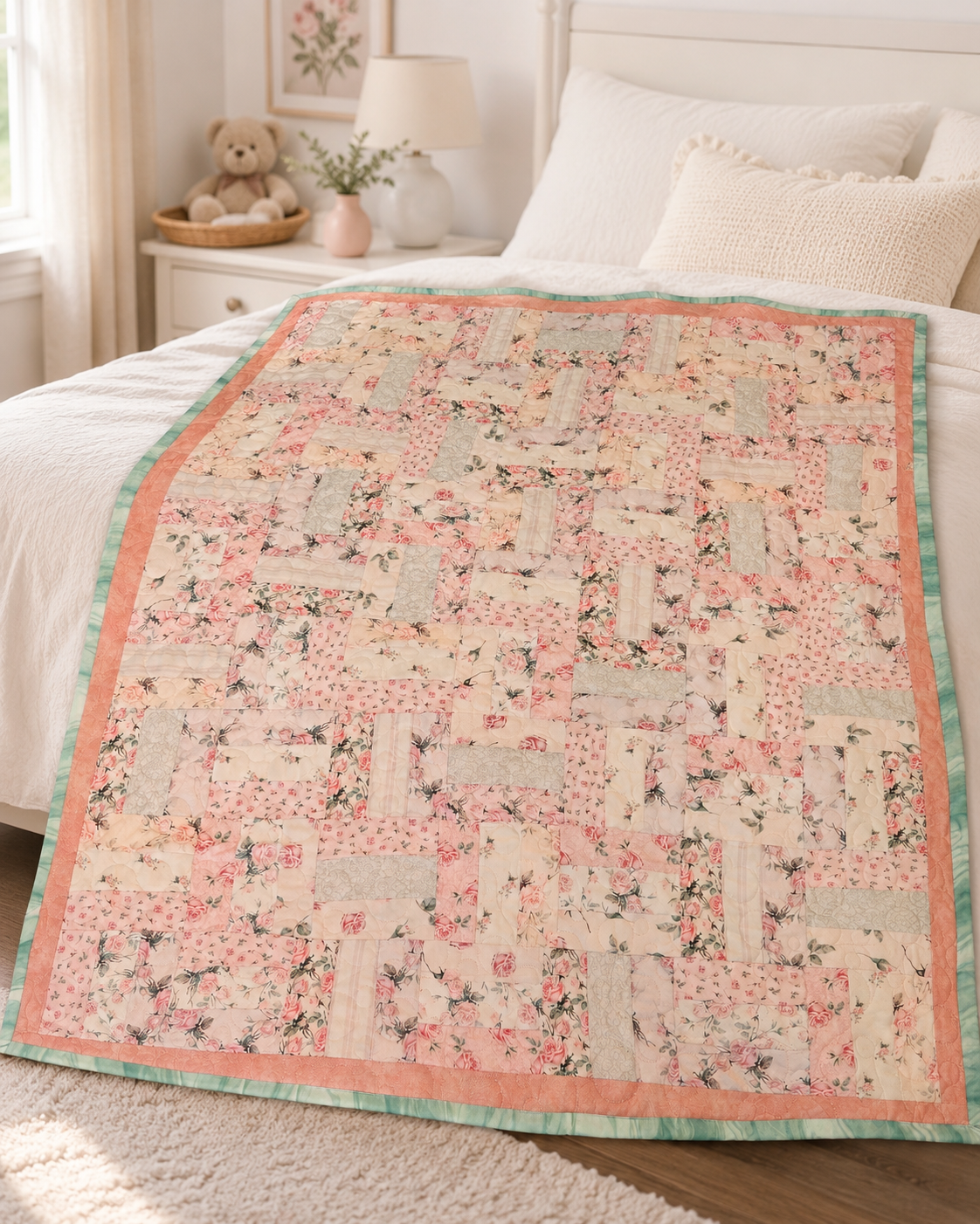 Floral quilt on a bed in a bedroom with a teddy bear and lamp in the background.