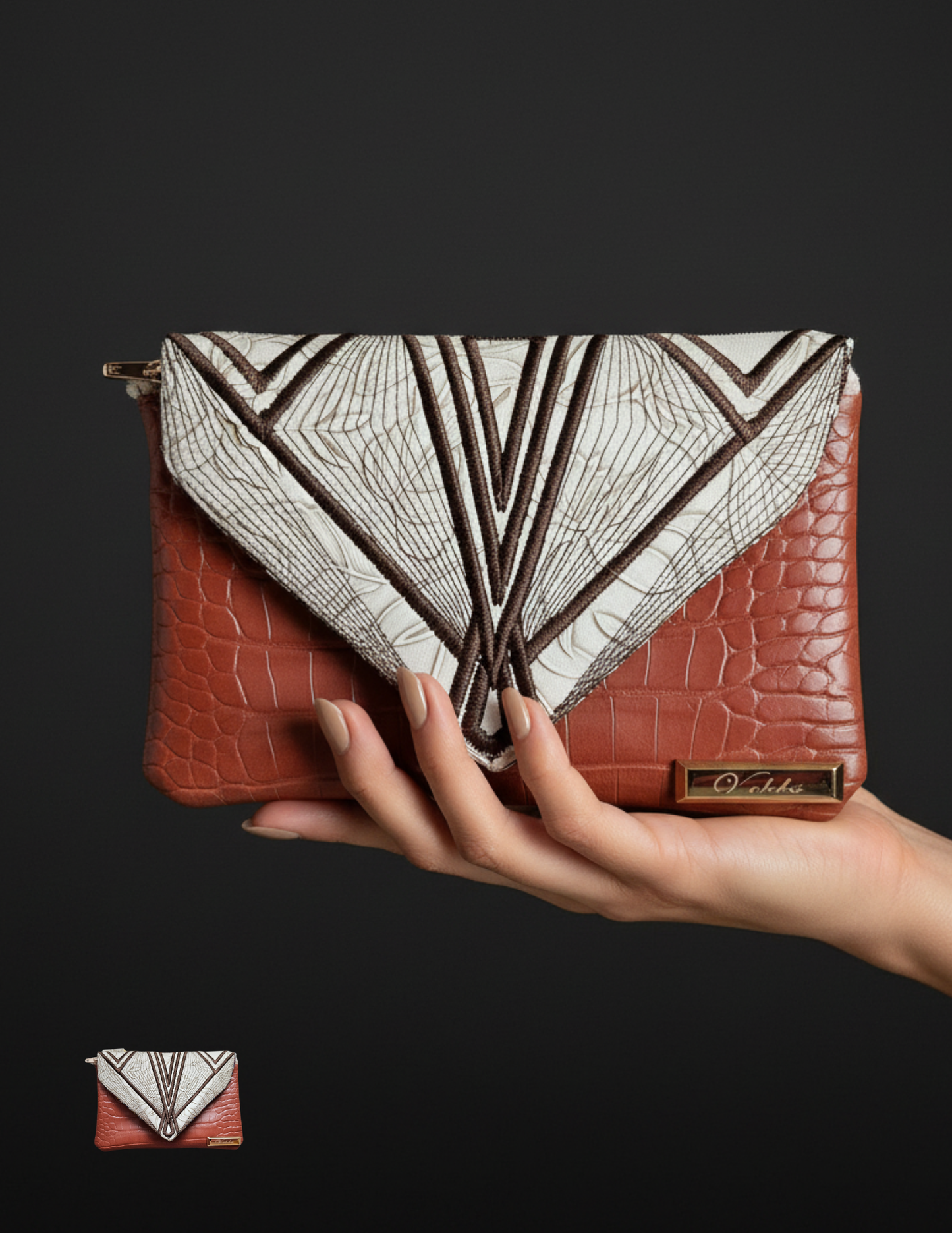 Ecru Art Deco Wristlet Clutch – Quilted Handmade Velda Bag with Croc Texture