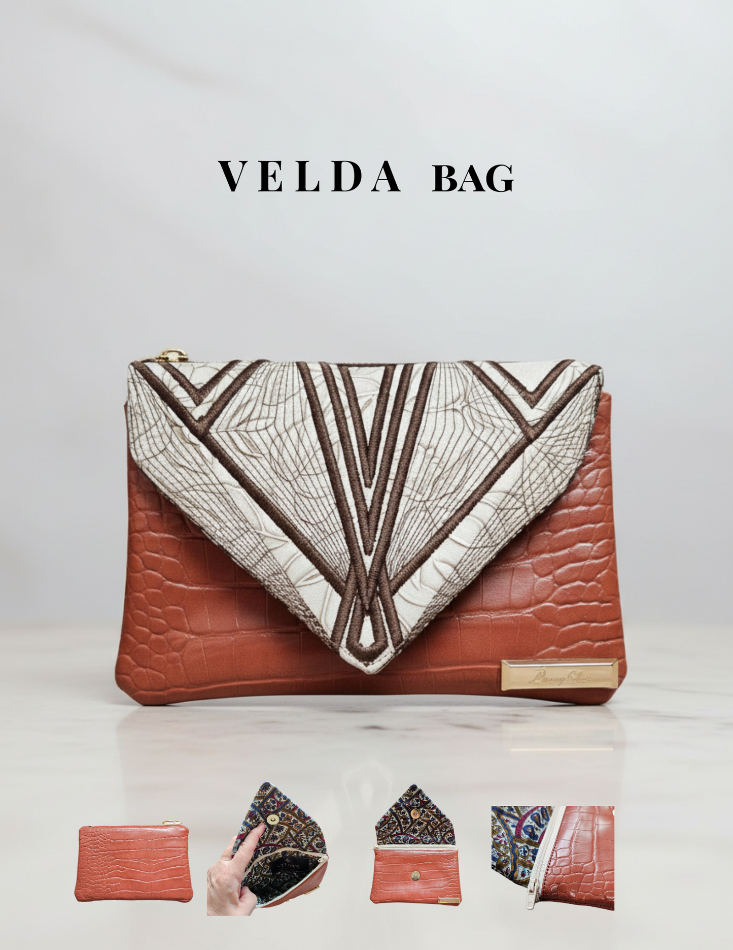 Ecru Art Deco Wristlet Clutch – Quilted Handmade Velda Bag with Croc Texture