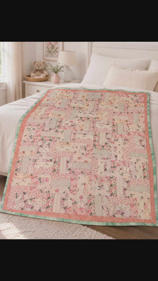 Handmade Floral Lap Quilt – 54x66 Pink Patchwork Quilt with Turquoise Binding
